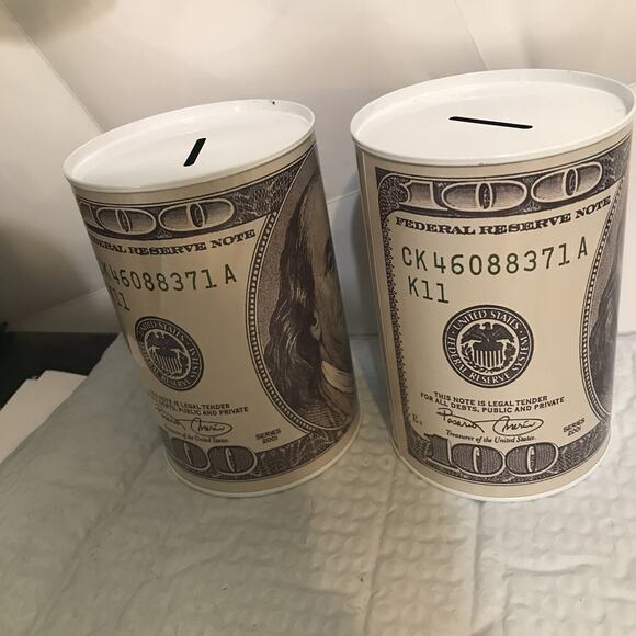 Ben Franklin Hundred Dollar Bill Money Coin Saver Tin Piggy Bank Lot Of 2 - Picture 3 of 15